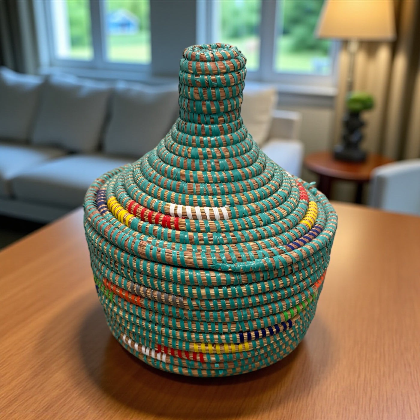 Senegal Handwoven Lidded Basket – Teal & Multicolor Accents (10.5”)