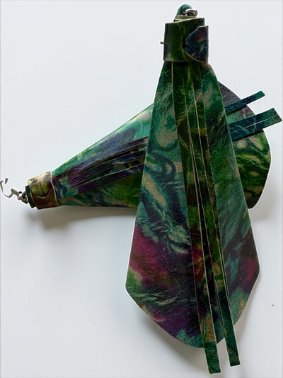 Saramani Bandi Tie-Dye Leather Fringe Earrings – Handmade in Burkina Faso (Green & Plum)