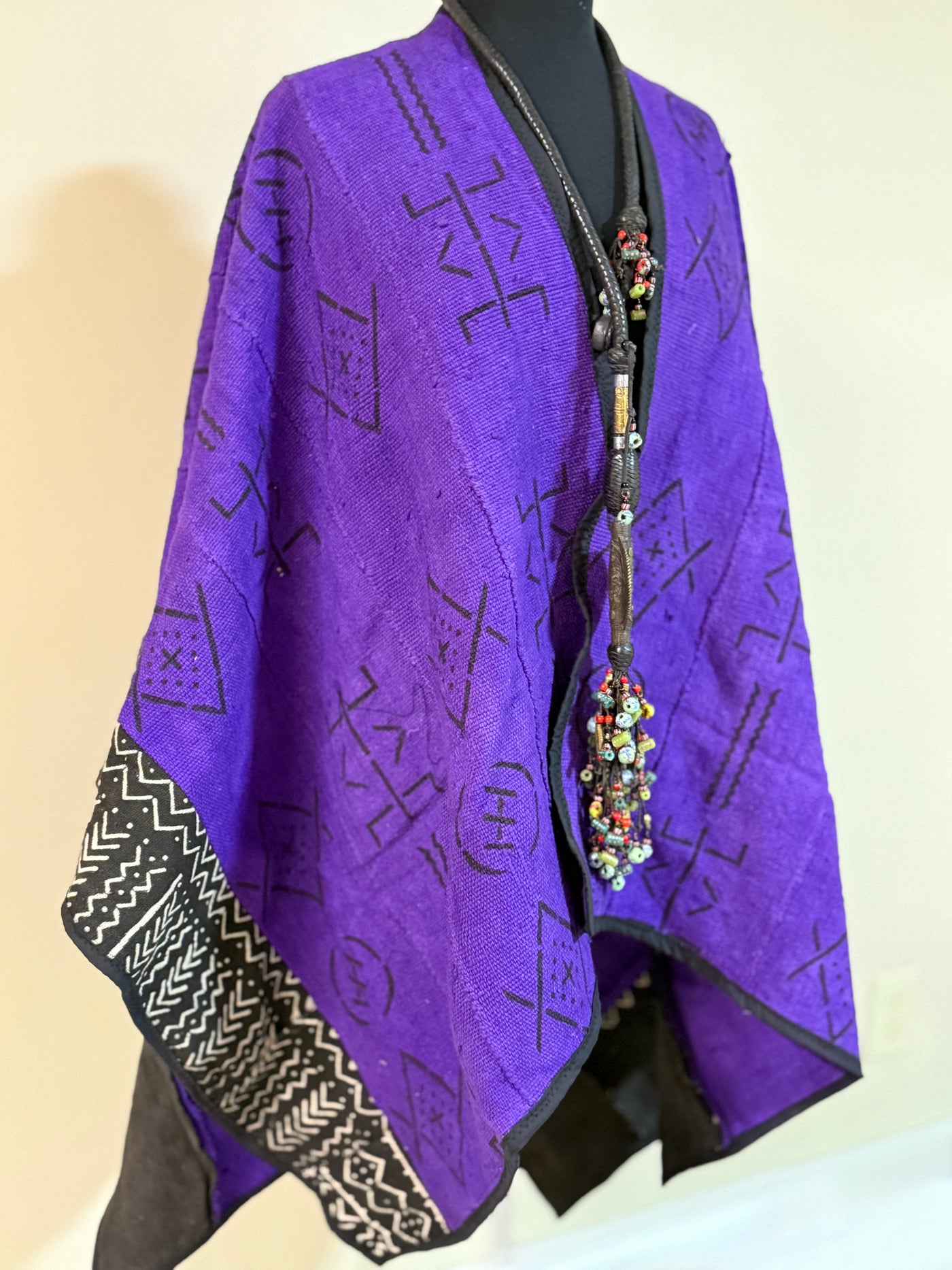 Purple Mudcloth Shawl with Black Geometric Patterns – Handcrafted, One Size Fits Most