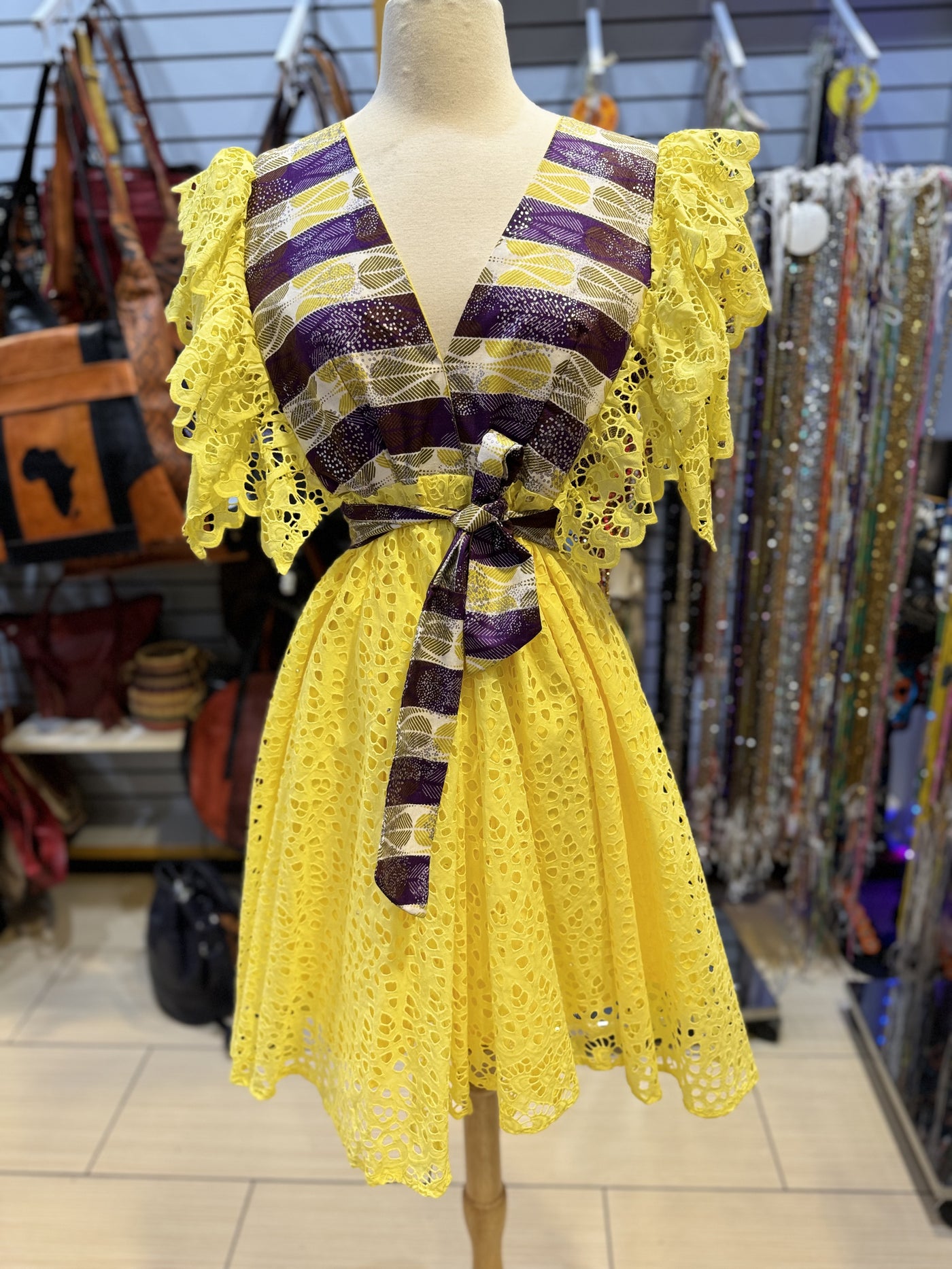 Yellow African Cotton Lace Fabric Mini Dress One Size Fit Up To Large