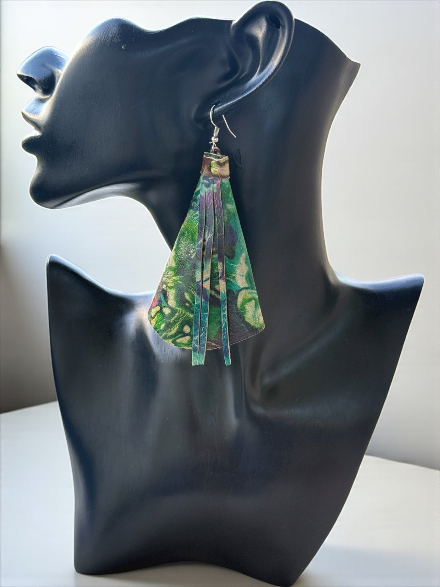 Saramani Bandi Tie-Dye Leather Fringe Earrings – Handmade in Burkina Faso (Green & Plum)