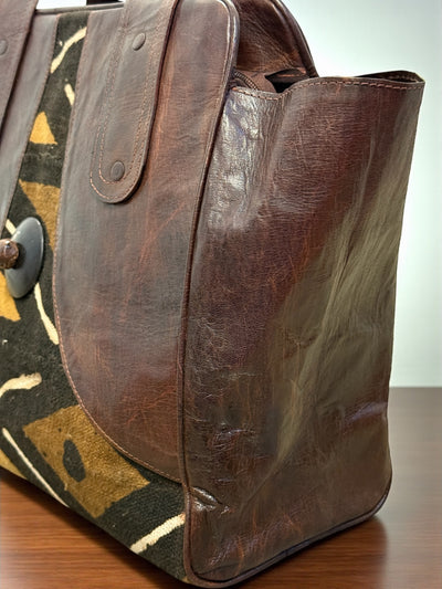 Bogolan Heritage Tote – Brown Leather & Mudcloth Bag Handmade in Mali (14x15x8)