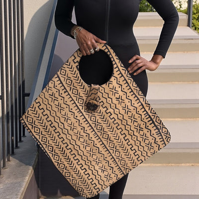 Two-Tone Oversized Leather & Mudcloth-Inspired Tote Bag – Handcrafted Statement Piece (25x22 inch)