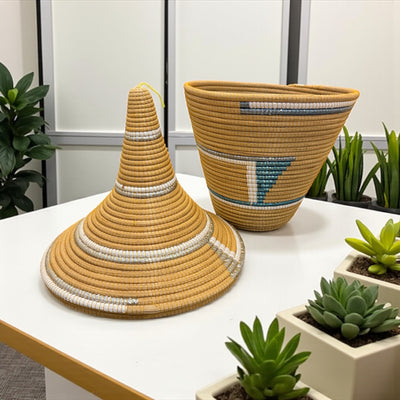 Rwanda Handwoven Lidded Basket – Mustard & White Accents (20”)