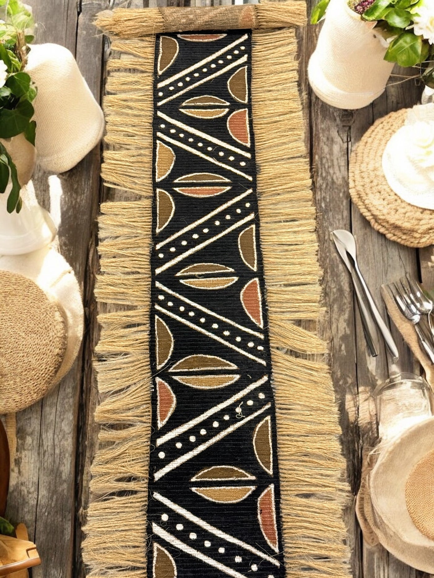 Boho Tribal Mudcloth Table Runner with Natural Fringe – Mali Artisan (68x16”)