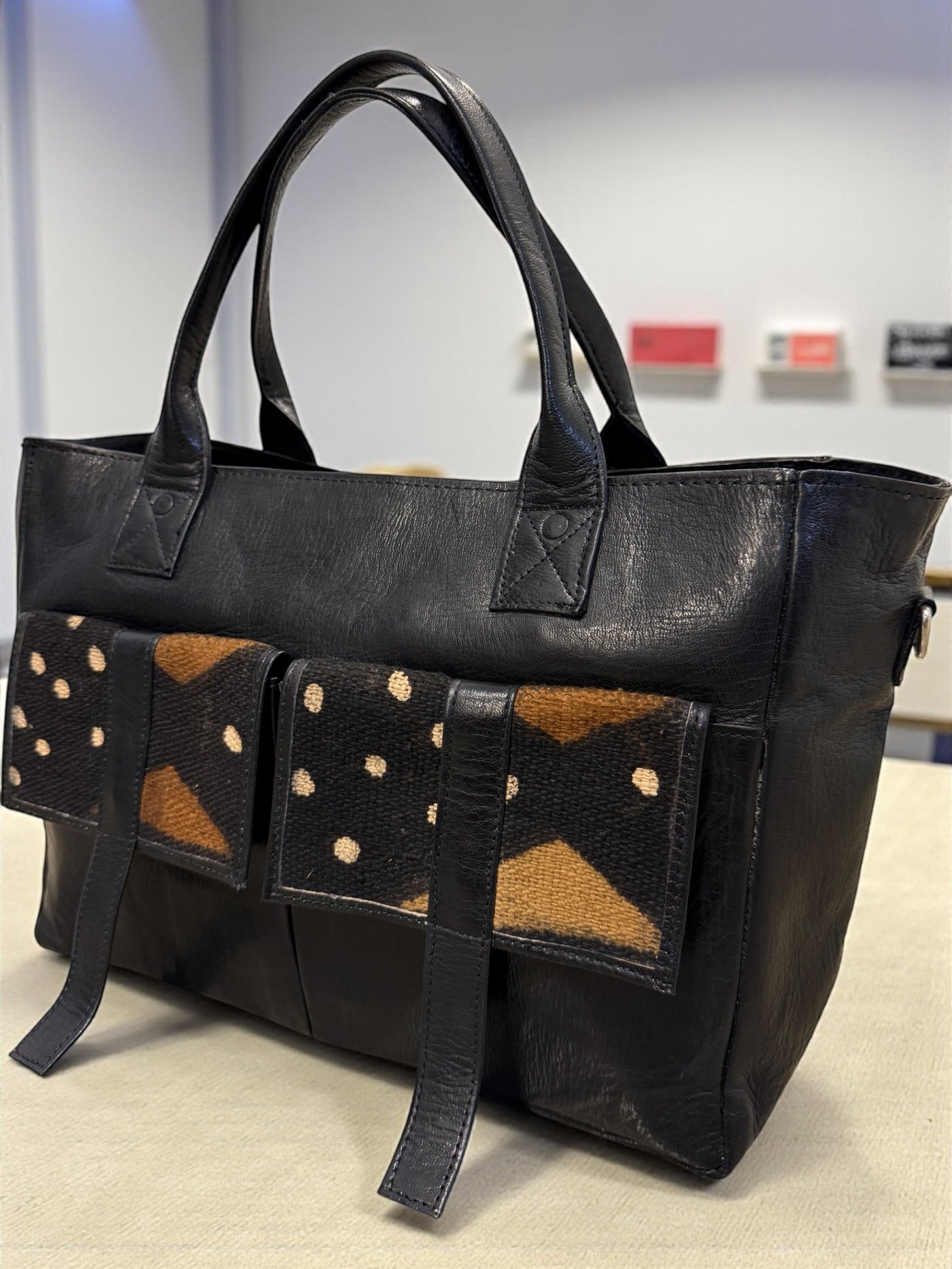 Savanna Voyager Tote – Black Leather & Mudcloth Travel Bag Handmade in Mali (11x16x5.5)