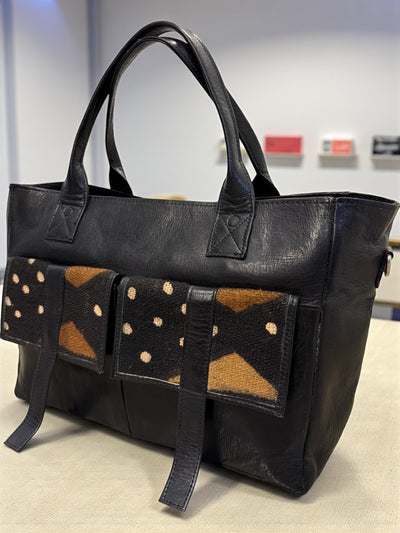 Savanna Voyager Tote – Black Leather & Mudcloth Travel Bag Handmade in Mali (11x16x5.5)