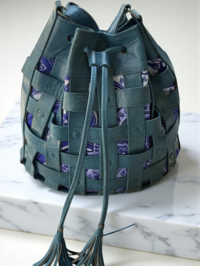Teal Waffle Weave Leather & Patterned Mudcloth Bucket Bag – Handmade in Mali