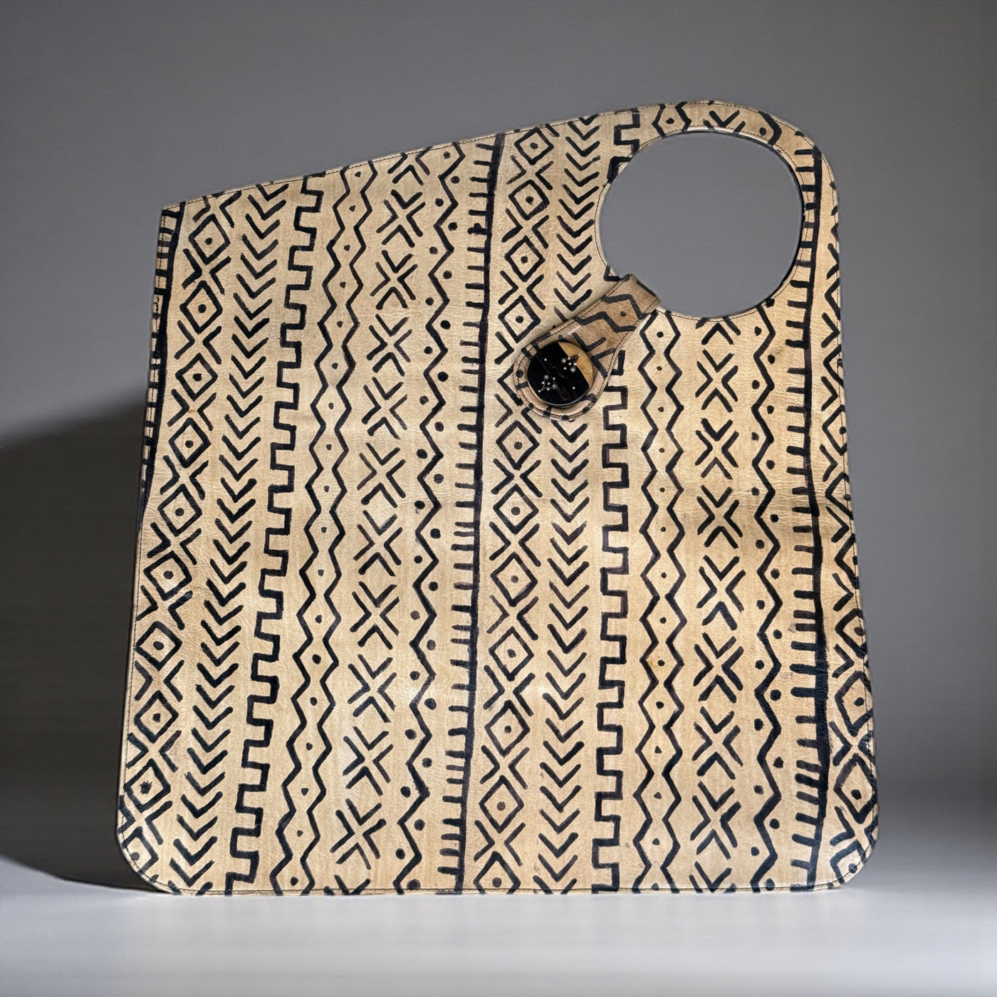 Two-Tone Oversized Leather & Mudcloth-Inspired Tote Bag – Handcrafted Statement Piece (25x22 inch)