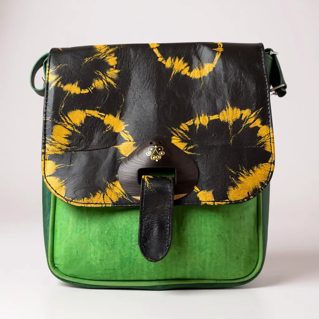 Green & Black Tie-Dye Leather Crossbody Bag – Handmade 9x11