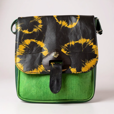 Green & Black Tie-Dye Leather Crossbody Bag – Handmade 9x11