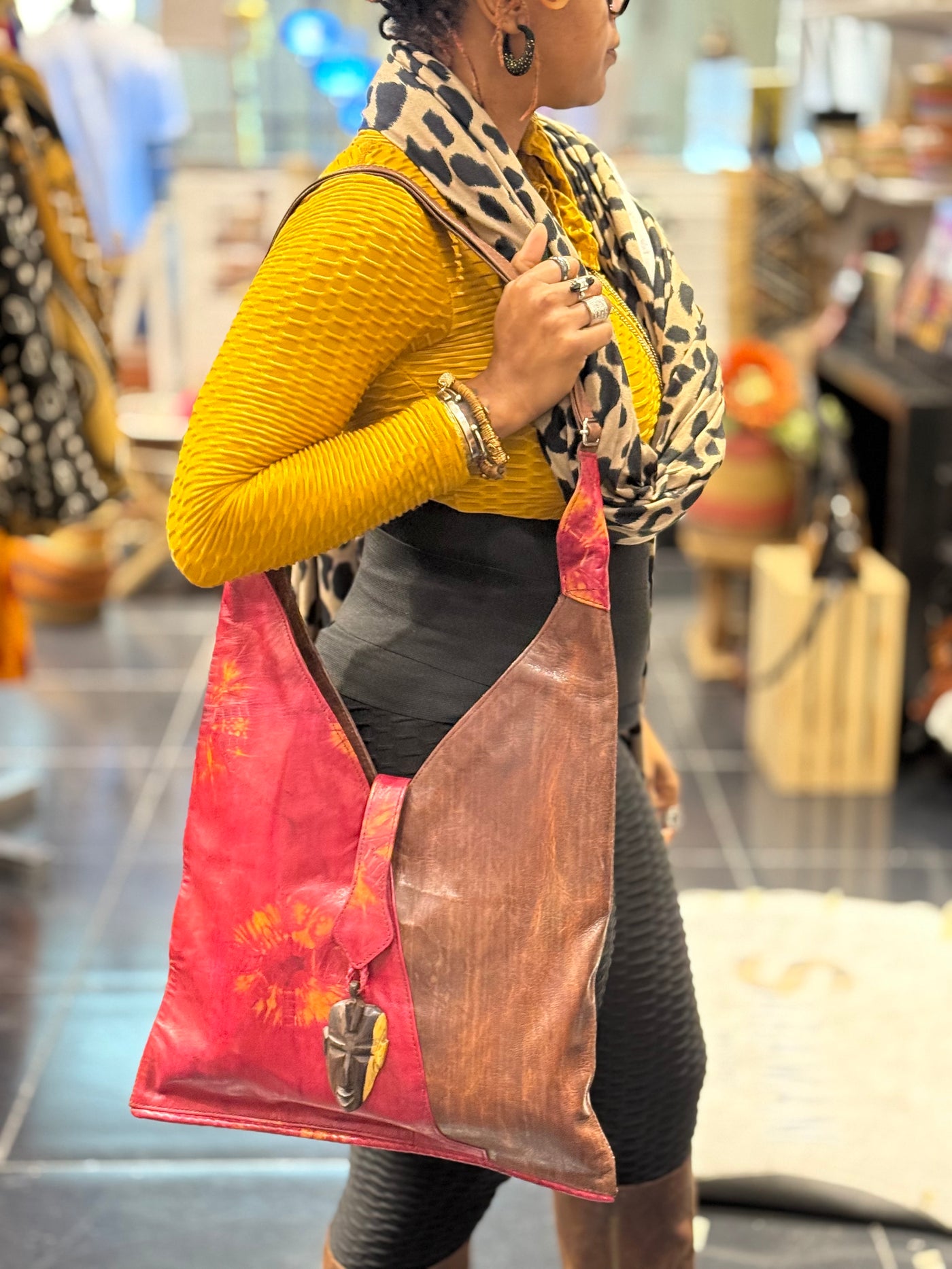 Two-Tone Leather Shoulder Bag with Tie-Dye and African Mask Pendant