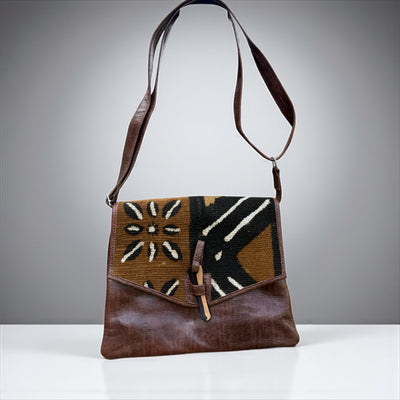 Brown Bogolan Cipher Bag – Handmade Mudcloth & Leather Crossbody (9” x 11”)