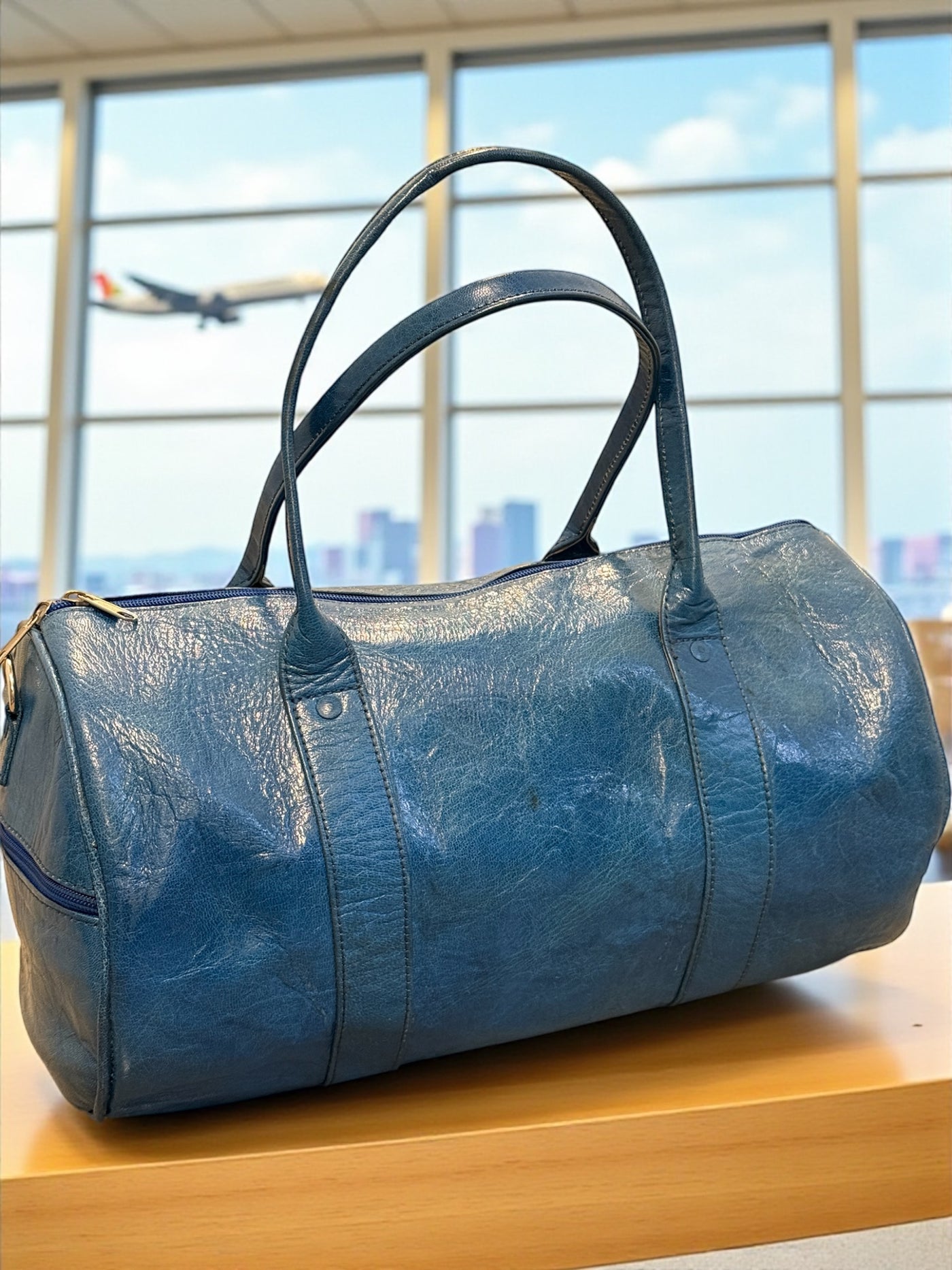 Azure Blue Voyage Leather Duffel Bag – Handmade in Mali