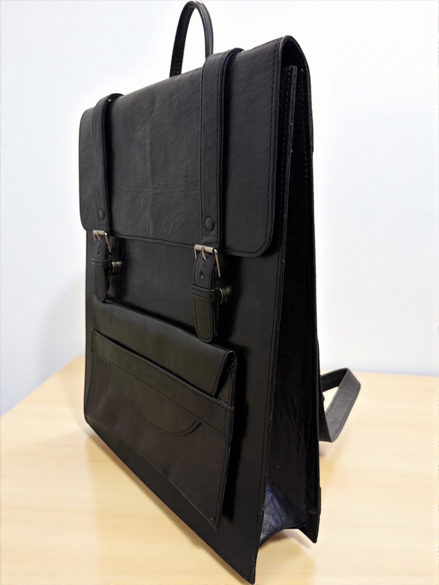 Midnight Black Voyager Leather Backpack – Handmade in Mali (16x13x3 in)