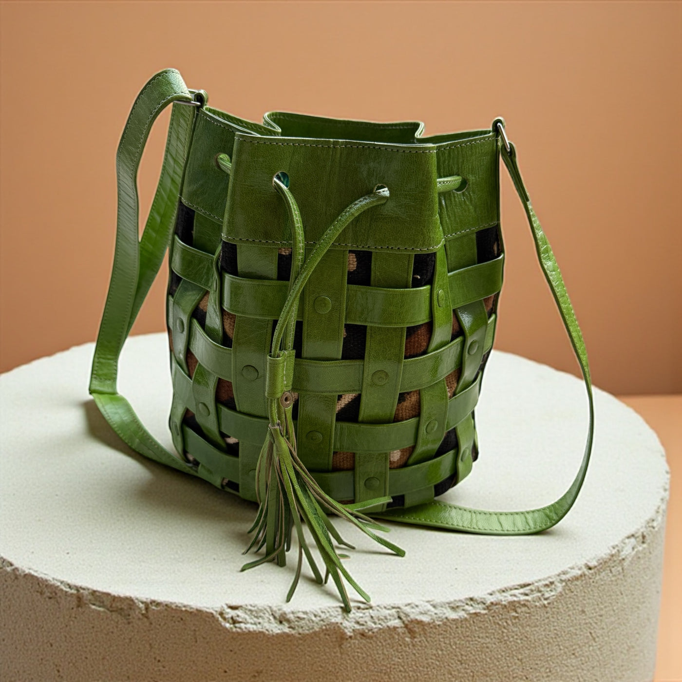 Green Waffle Weave Leather & Mudcloth Bucket Bag – Handmade in Mali