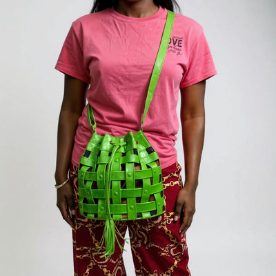 Green Waffle Weave Leather & Mudcloth Bucket Bag – Handmade in Mali