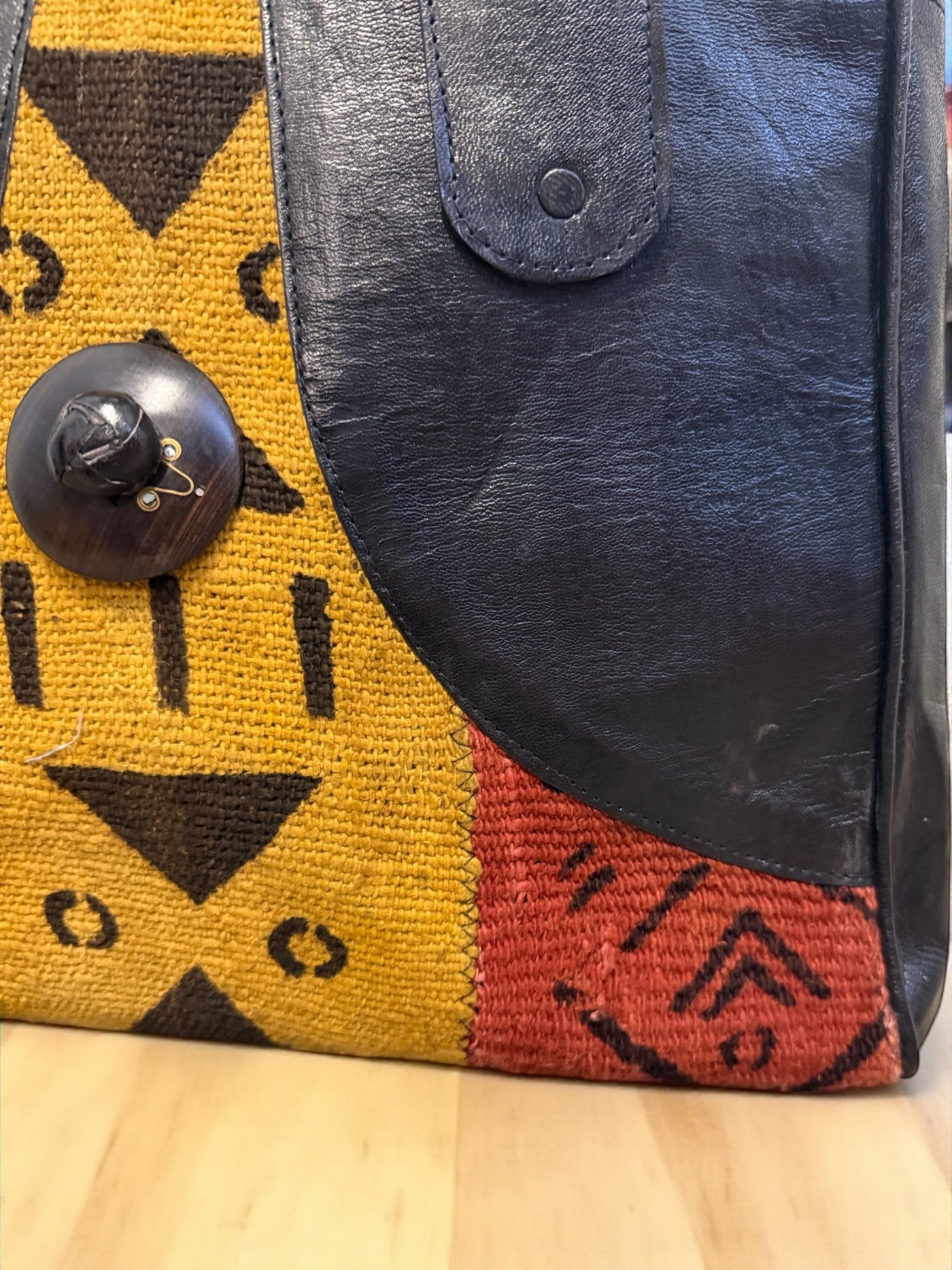 Tribal Majesty Tote – Black Leather & Multicolor Mudcloth Bag Handmade in Mali (14x15x8)