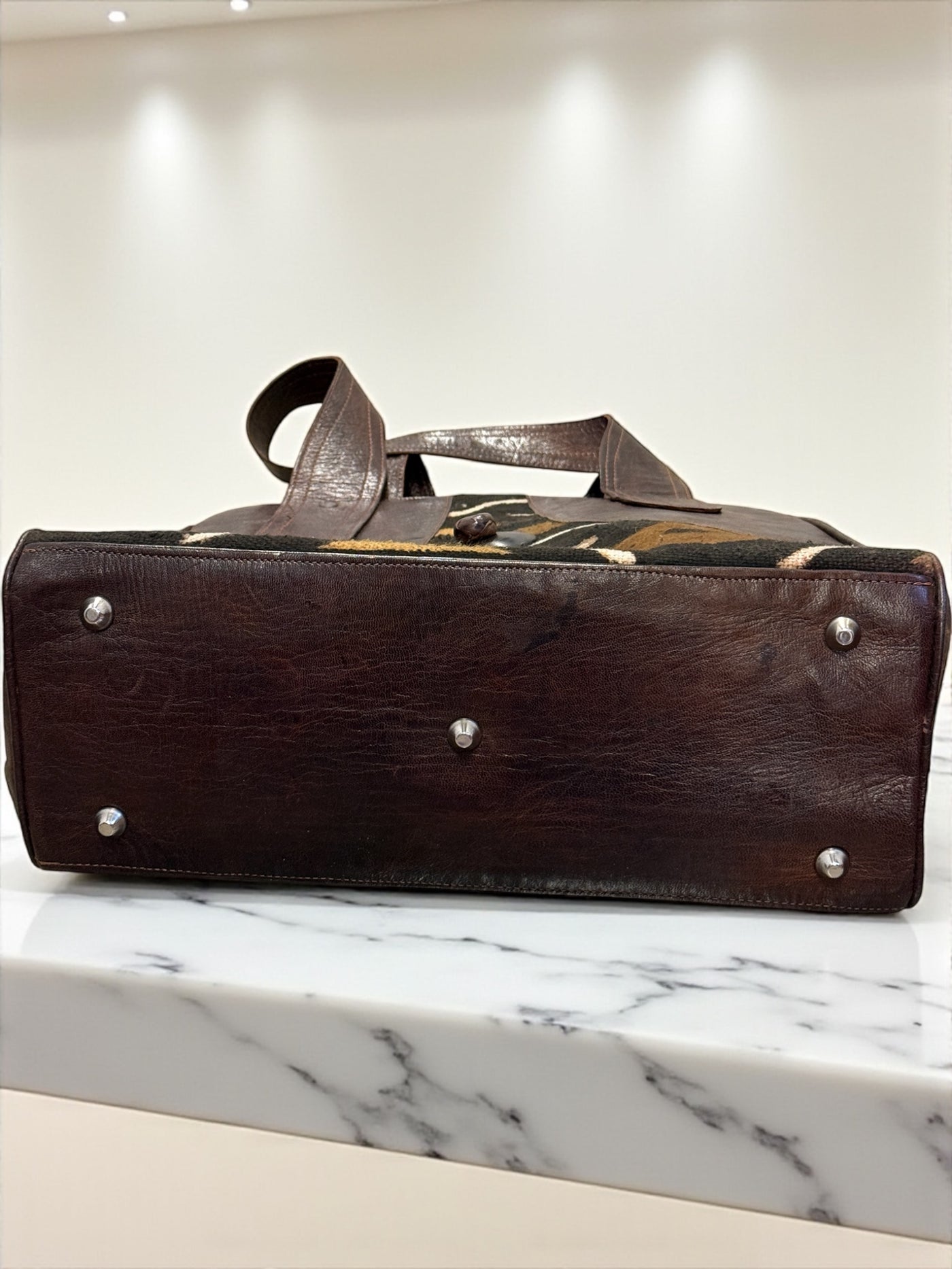 Bogolan Heritage Tote – Brown Leather & Mudcloth Bag Handmade in Mali (14x15x8)