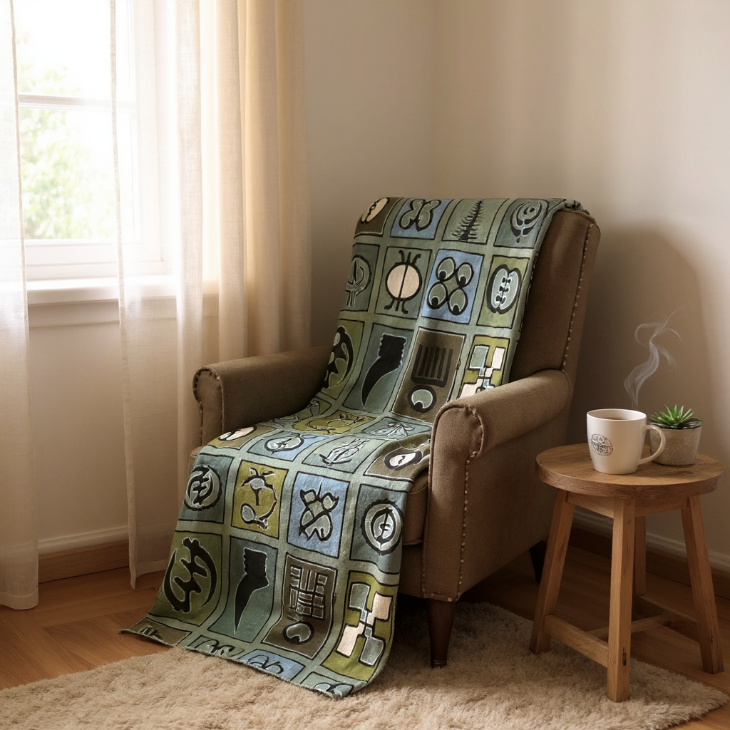 Blue Adinkra Symbols Throw – 78” x 44” | Authentic Handcrafted African Textile