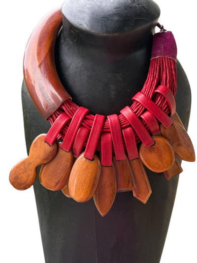 Sunu Kanu Necklace – Handmade African Statement Jewelry in Recycled Leather & Horn | 22–23” | Multiple Colors | Crafted in Mali