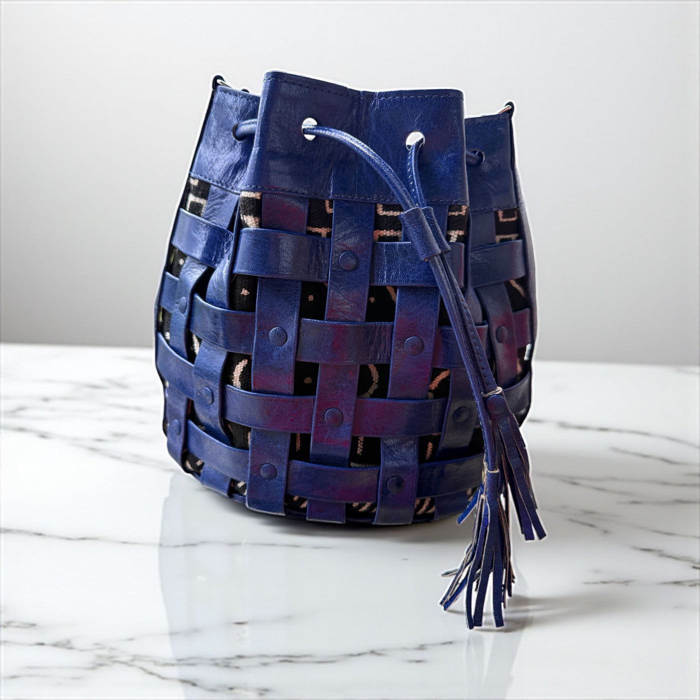 Blue Waffle Weave Leather & Mudcloth Bucket Bag – Handmade in Mali