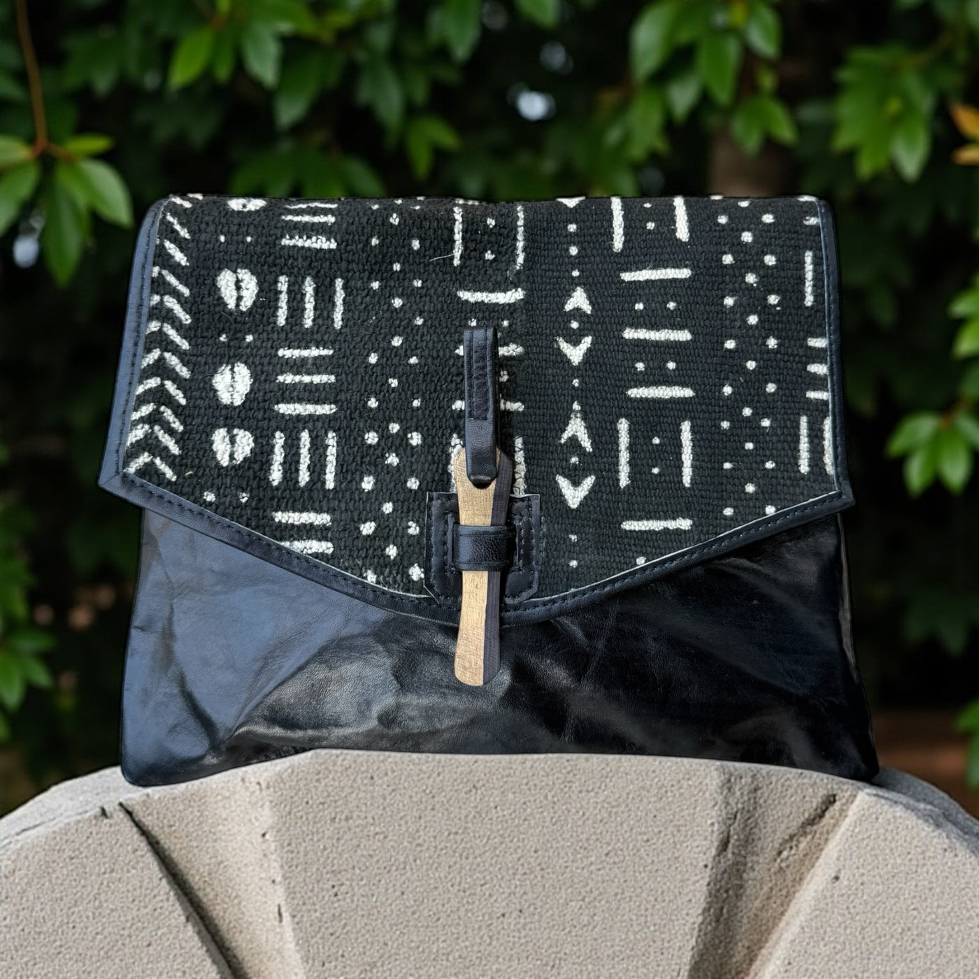 Black Bogolan Cipher Bag – Handmade Mudcloth & Leather Crossbody (9” x 11”)