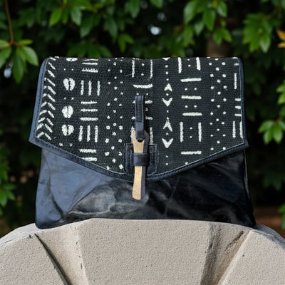 Black Bogolan Cipher Bag – Handmade Mudcloth & Leather Crossbody (9” x 11”)