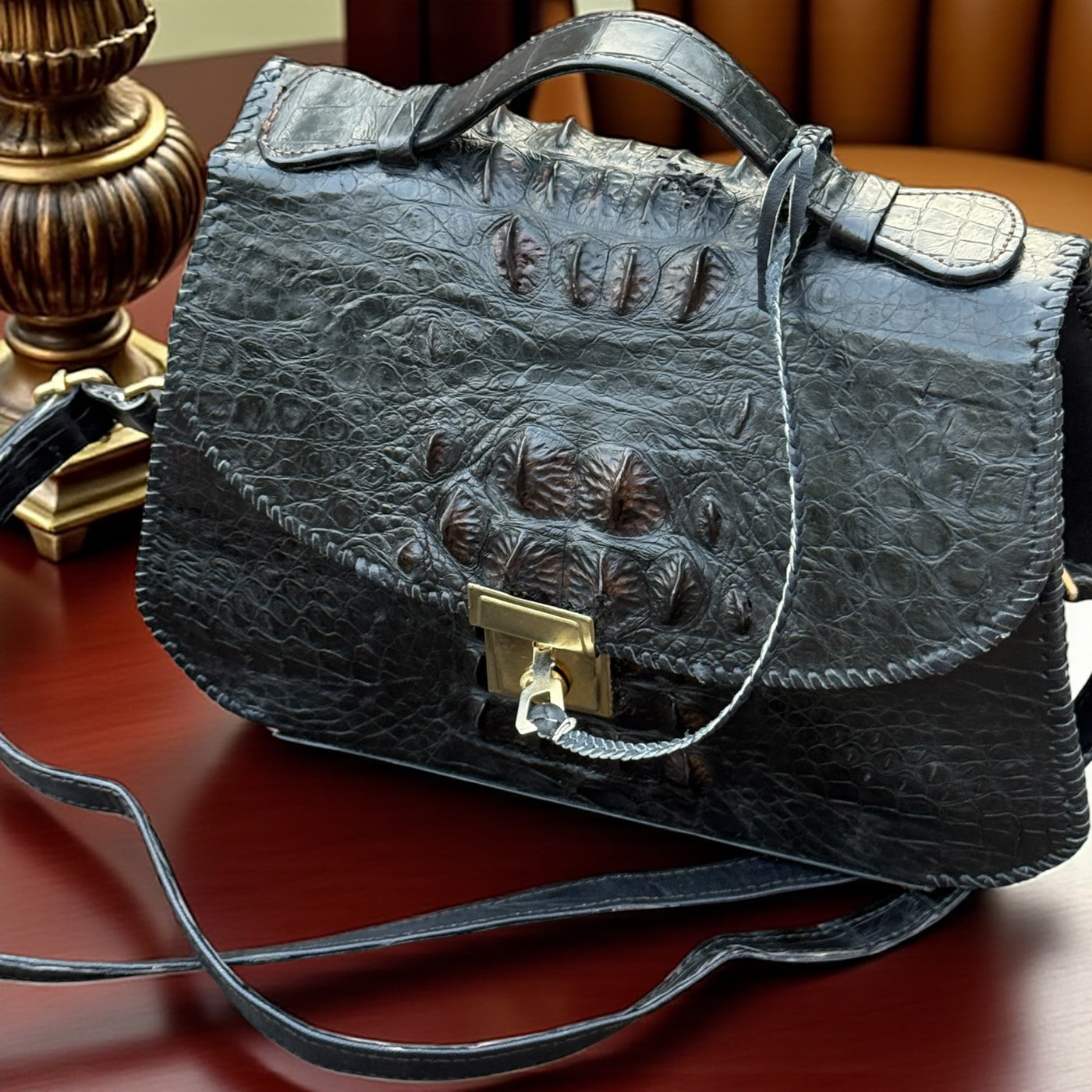 Luxury Handmade Black Textured Leather Handbag with Gold Push-Lock