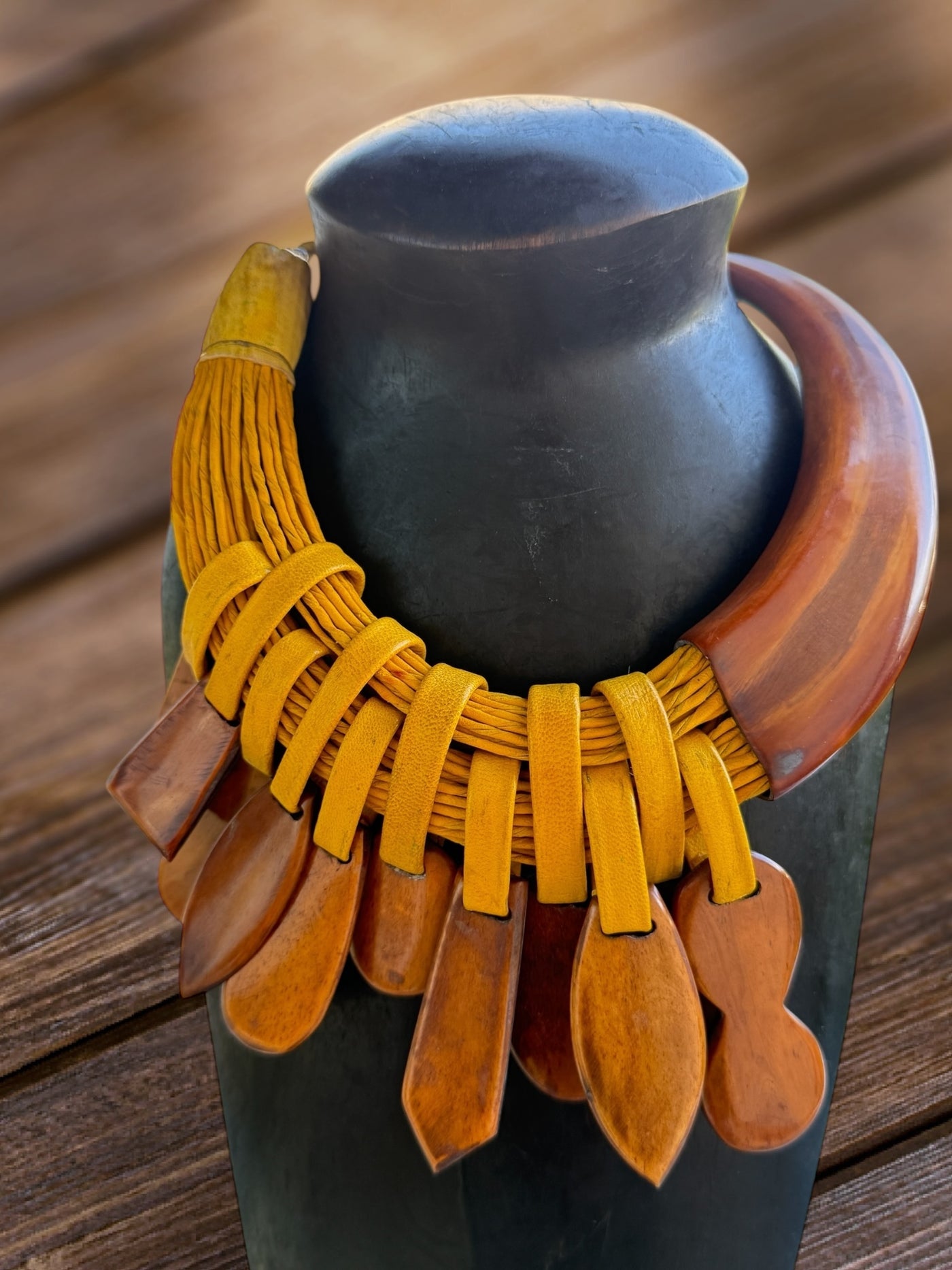 Sunu Kanu Necklace – Handmade African Statement Jewelry in Recycled Leather & Horn | 22–23” | Multiple Colors | Crafted in Mali