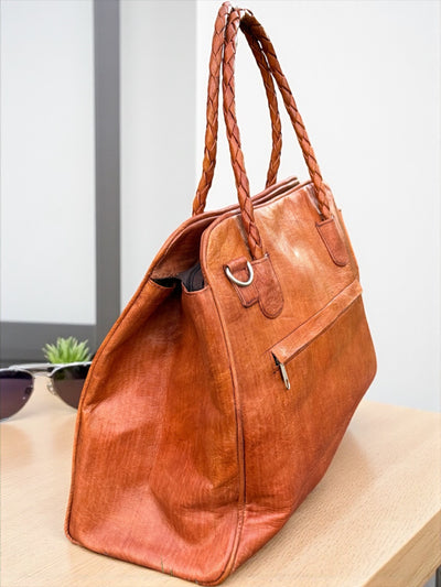 Sahara Muse Leather Tote – Handmade in Mali with Mudcloth & Ebony Wood Accent (13.5x14x7)