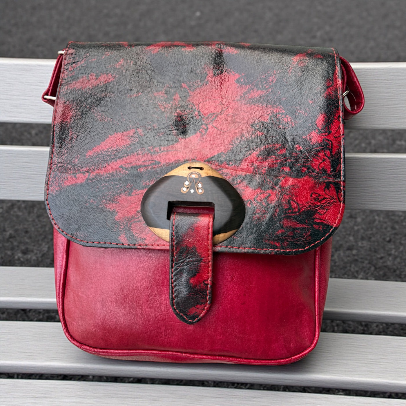 Red & Black Leather Crossbody Bag – Handmade 9x11