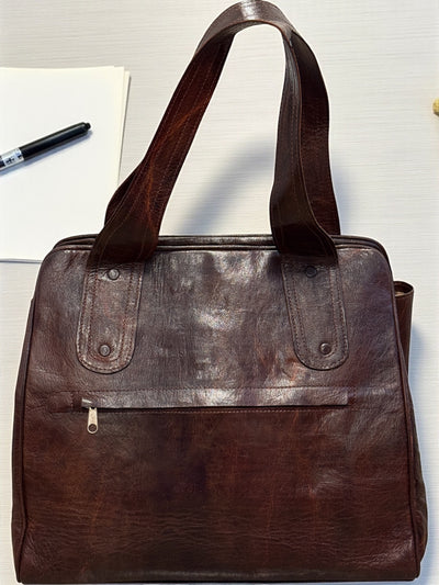 Bogolan Heritage Tote – Brown Leather & Mudcloth Bag Handmade in Mali (14x15x8)