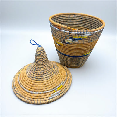 Rwanda Handwoven Lidded Basket – Blue, Yellow & Metallic Silver Accents (17.5”)