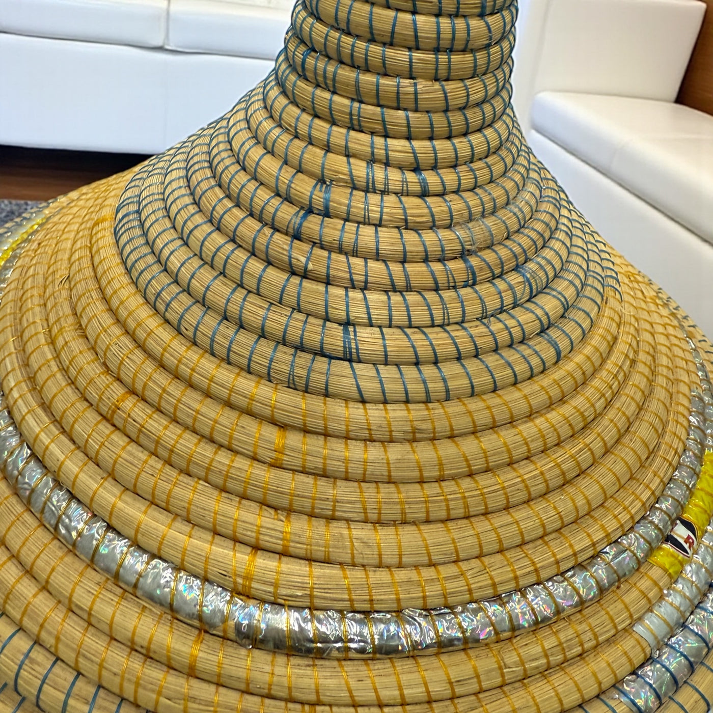 Rwanda Handwoven Lidded Basket – Blue, Yellow & Metallic Silver Accents (17.5”)