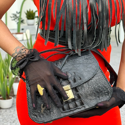 Luxury Handmade Black Textured Leather Handbag with Gold Push-Lock
