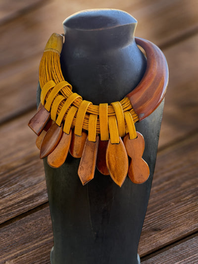 Sunu Kanu Necklace – Handmade African Statement Jewelry in Recycled Leather & Horn | 22–23” | Multiple Colors | Crafted in Mali