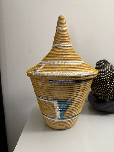 Rwanda Handwoven Lidded Basket – Mustard & White Accents (20”)