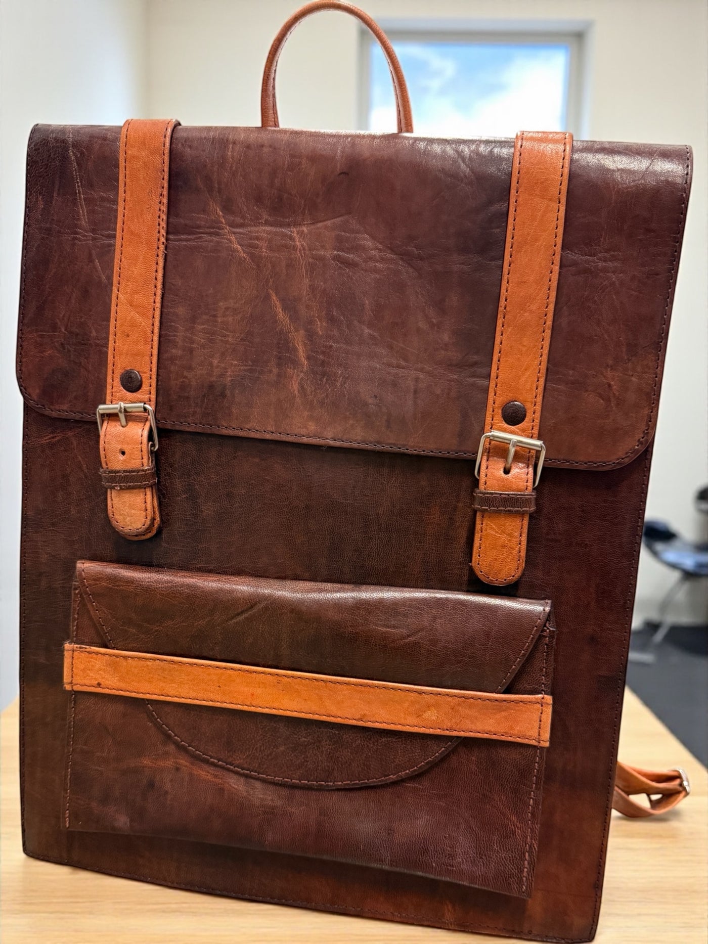 Cognac Brown Voyager Leather Backpack – Handmade in Mali (16x13x3 in)