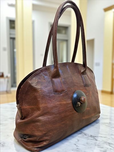 Desert Jewel Leather Tote – Genuine Brown Leather Bag with Ebony Wood Finish, Handmade in Mali (11x18x6)