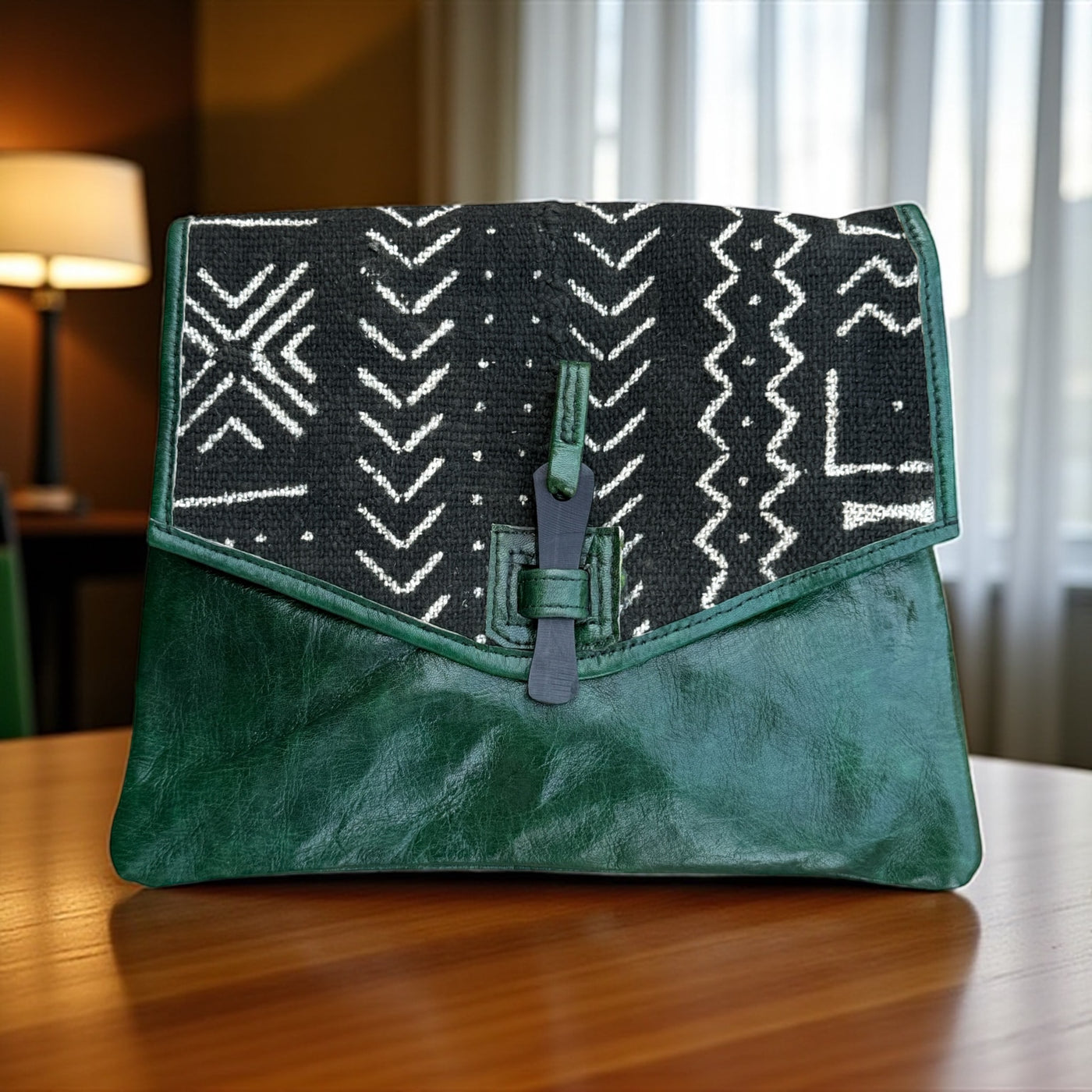 Green Bogolan Cipher Bag – Handmade Mudcloth & Leather Crossbody (9” x 11”)