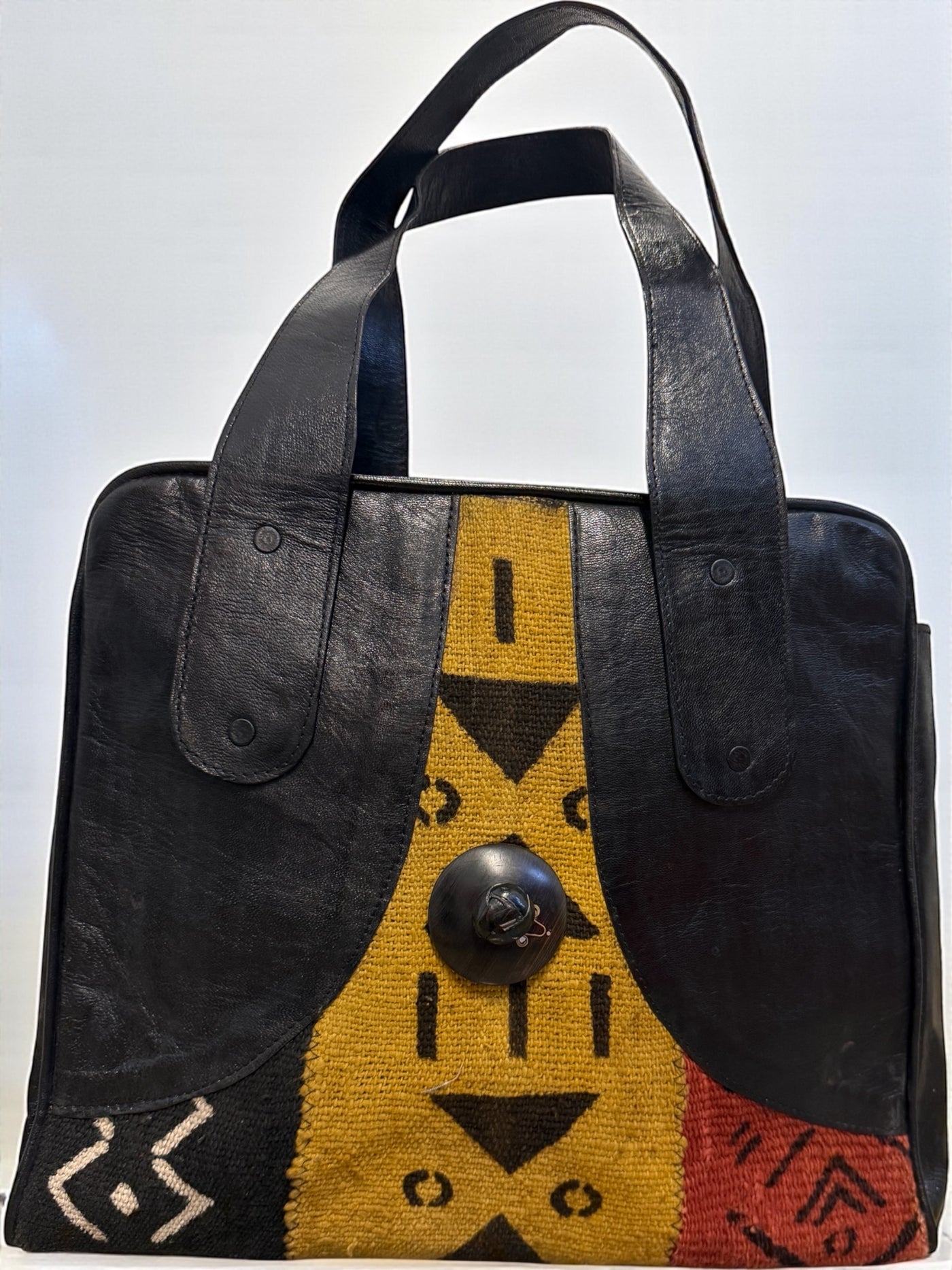 Tribal Majesty Tote – Black Leather & Multicolor Mudcloth Bag Handmade in Mali (14x15x8)