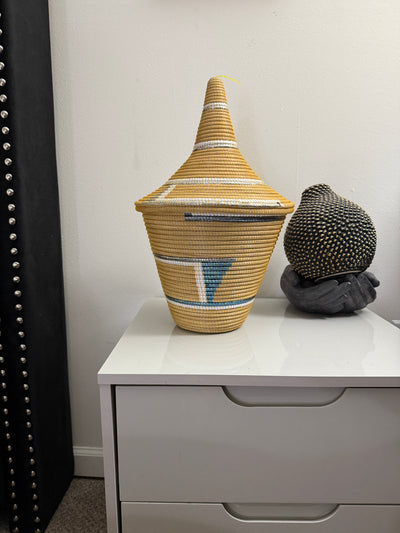 Rwanda Handwoven Lidded Basket – Mustard & White Accents (20”)