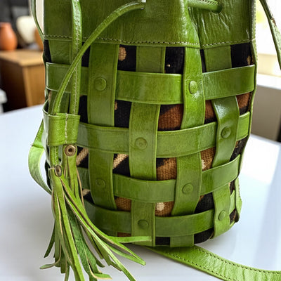 Green Waffle Weave Leather & Mudcloth Bucket Bag – Handmade in Mali