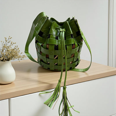 Green Waffle Weave Leather & Mudcloth Bucket Bag – Handmade in Mali