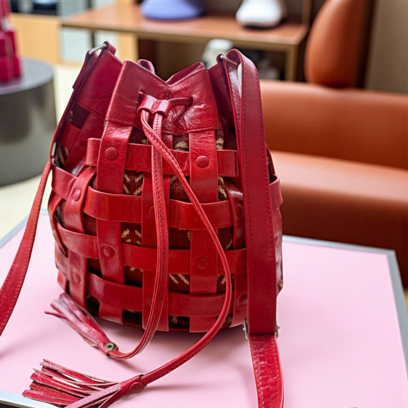 Red Waffle Weave Leather & Mudcloth Bucket Bag – Handmade in Mali