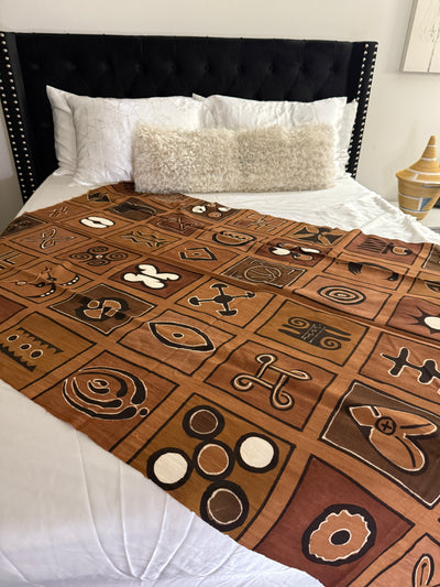 Earthtone Adinkra Symbols Throw – 78” x 44” | Authentic Handcrafted African Textile