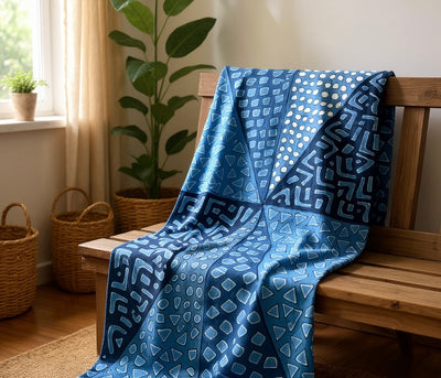 Indigo Geometric Symbols Throw – 78” x 44” | Authentic Handcrafted African Textile
