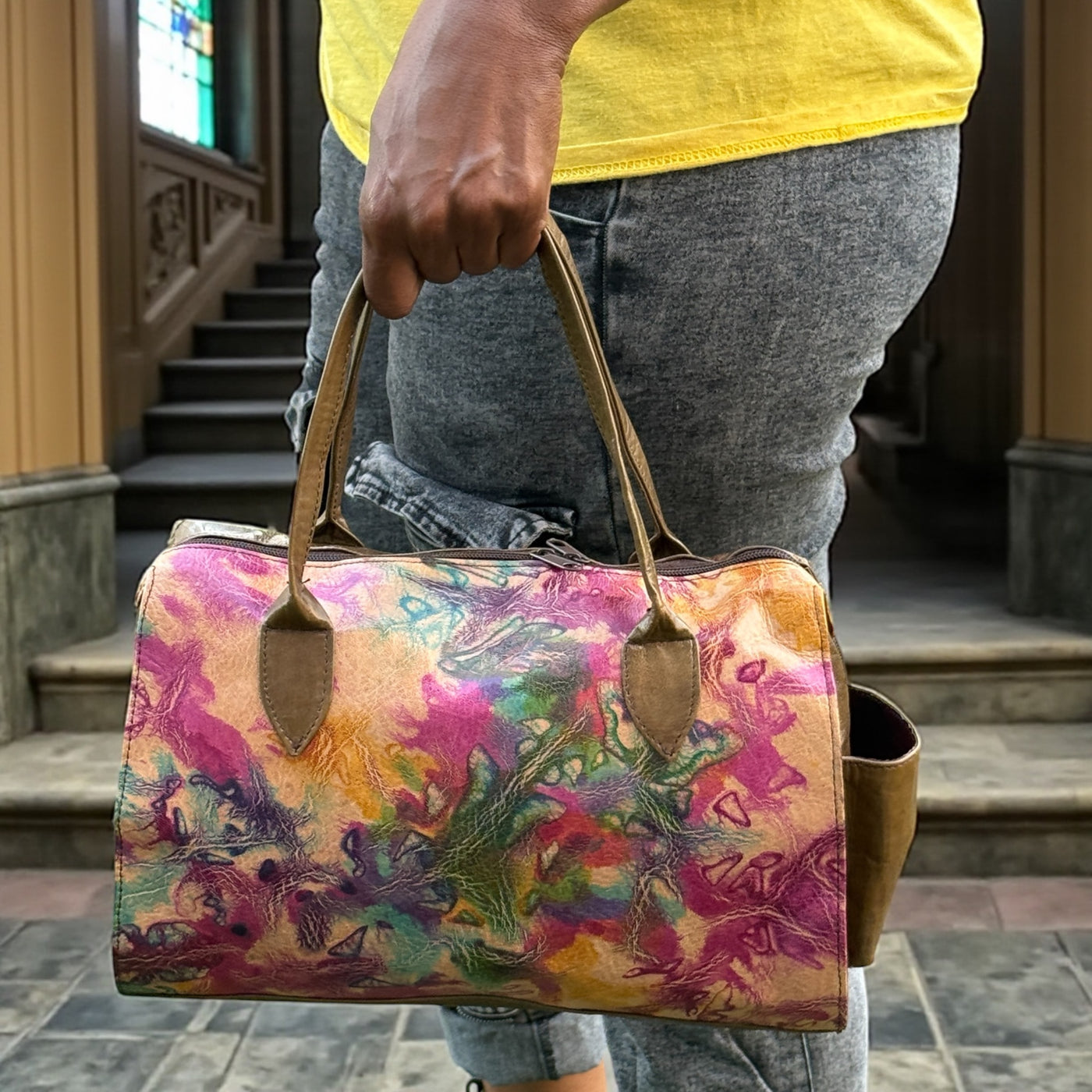 Aurora Burst Tie-Dye Leather Duffle Bag – 9x11x5 inch