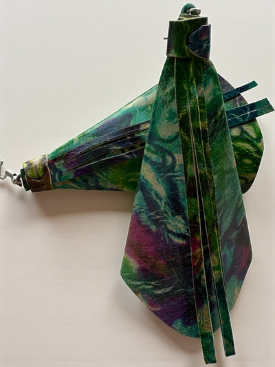 Saramani Bandi Tie-Dye Leather Fringe Earrings – Handmade in Burkina Faso (Green & Plum)